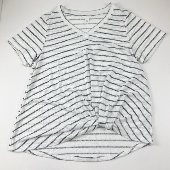 Caslon Shirt Womens Large White Striped Short Sleeve Knot Tee Vneck NWOT NEW - Picture 1 of 8